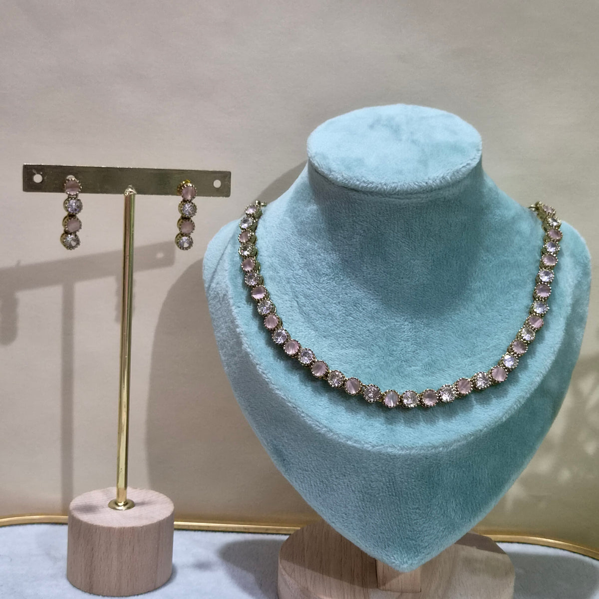Light Pink Rose Quartz Crystal Tennis Necklace Set with Matching Drop Earrings