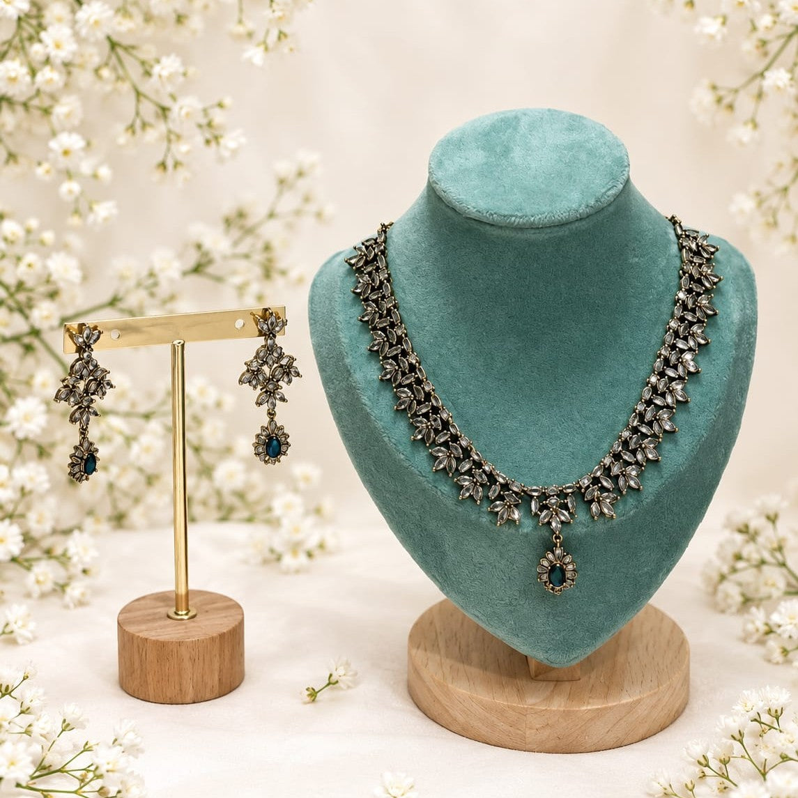 Blue Stone, Nug & AD Leaves Necklace Set ✨