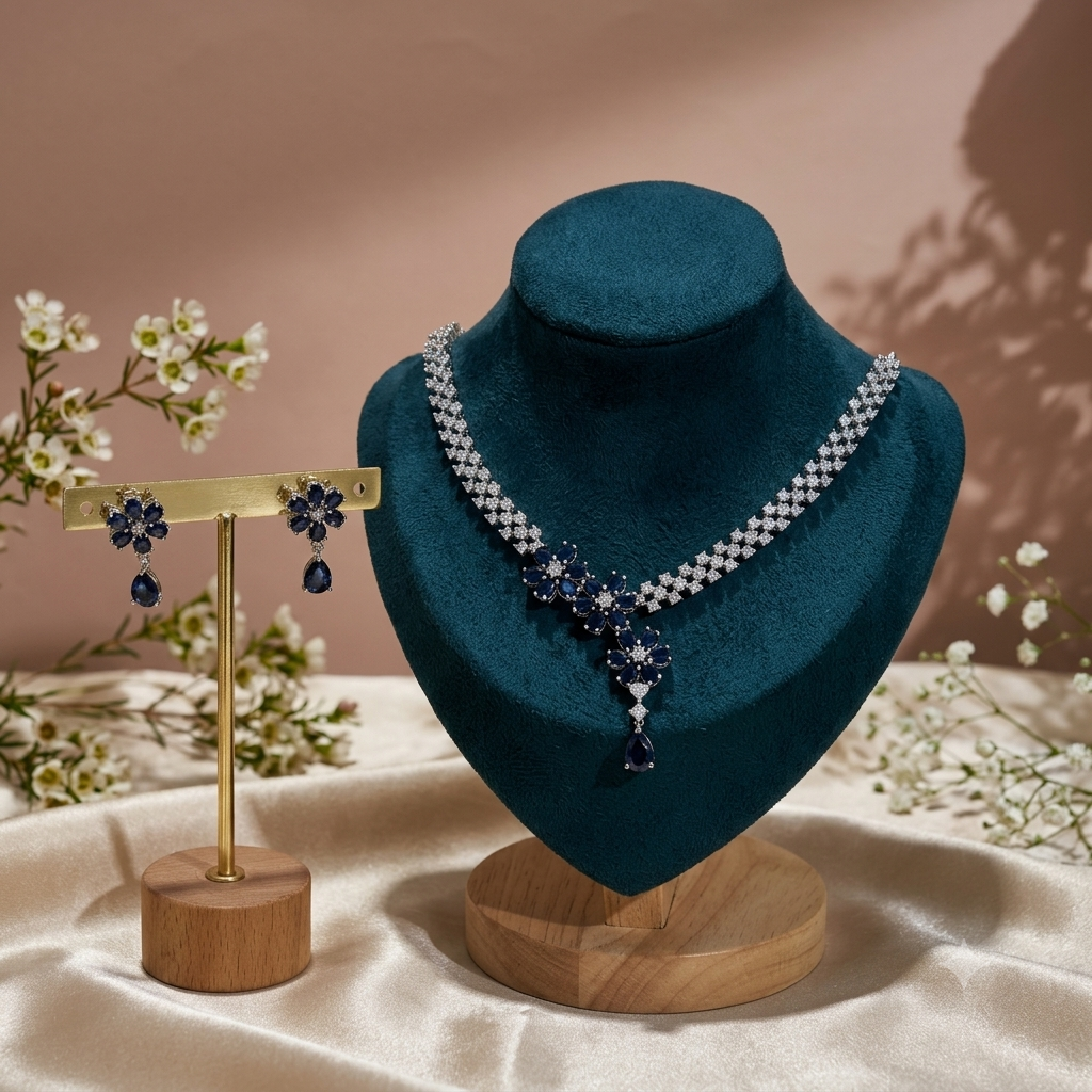 Sapphire Blue Floral Crystal Necklace Set with Earrings