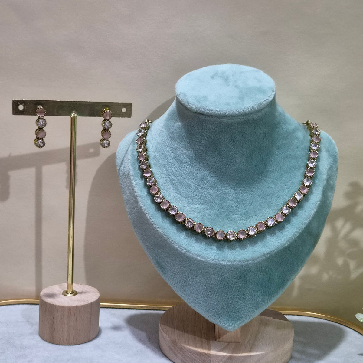 Light Pink Rose Quartz Crystal Tennis Necklace Set with Matching Drop Earrings