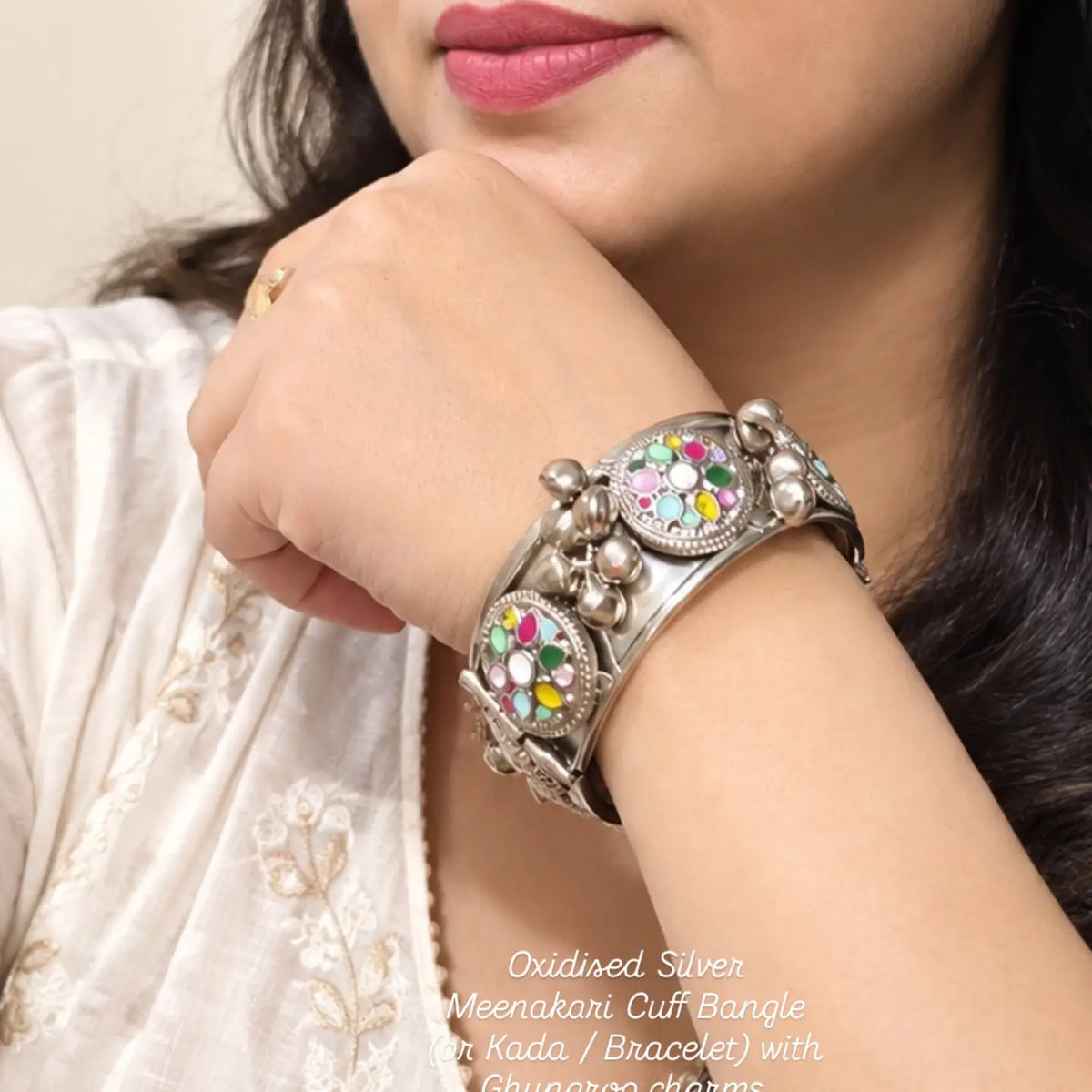 Oxidised Silver Meenakari Cuff Bangle with Ghungroo Charms